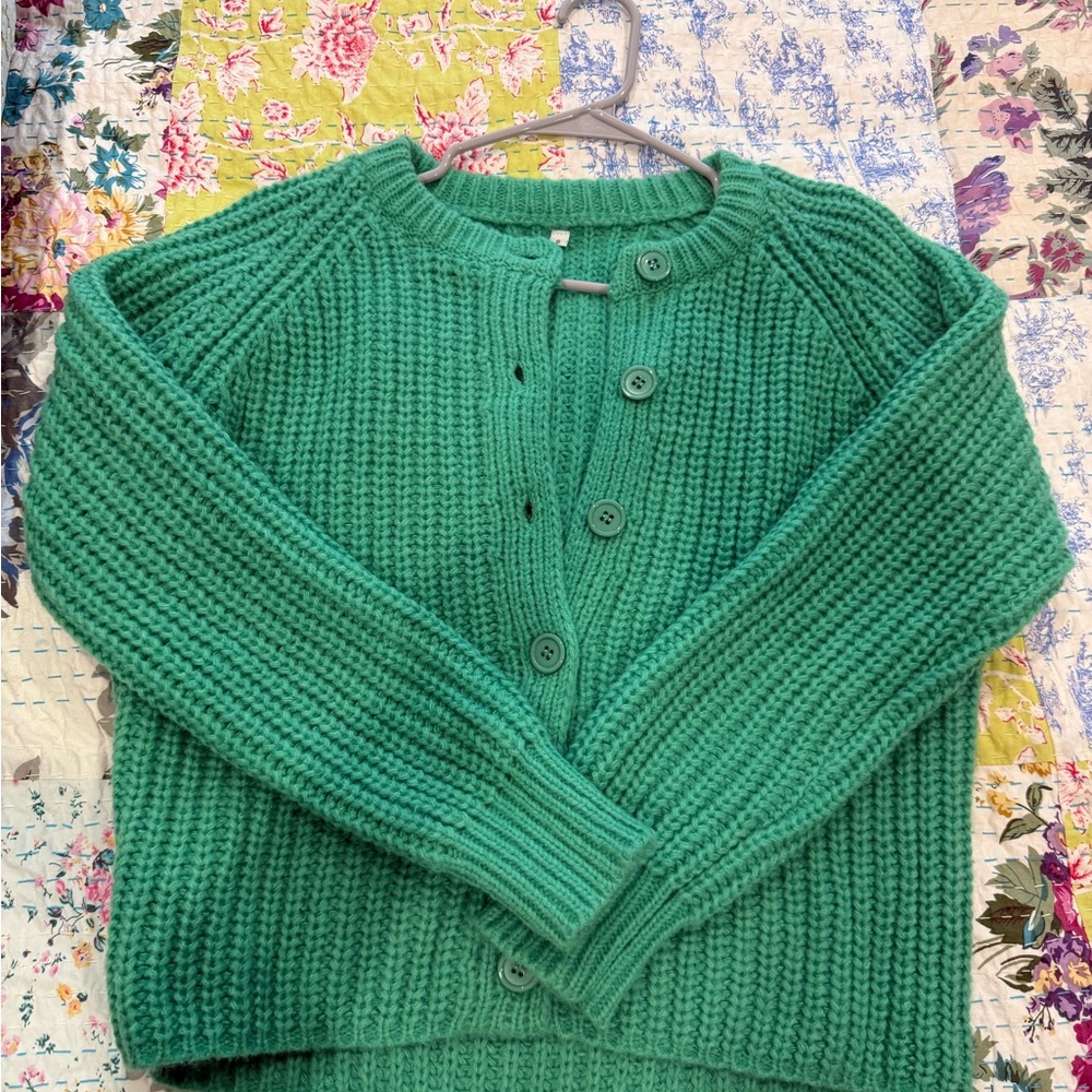 Green Chunky Knit Button-Front Sweater